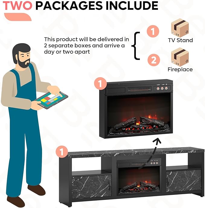 Bestier 70" Electric Fireplace TV Stand for TVs Up to 80", Modern Fireplace Entertainment Center with Storage Cabinets, LED Lights, Open Shelves and Cable Holes for Living Room, Black Marble