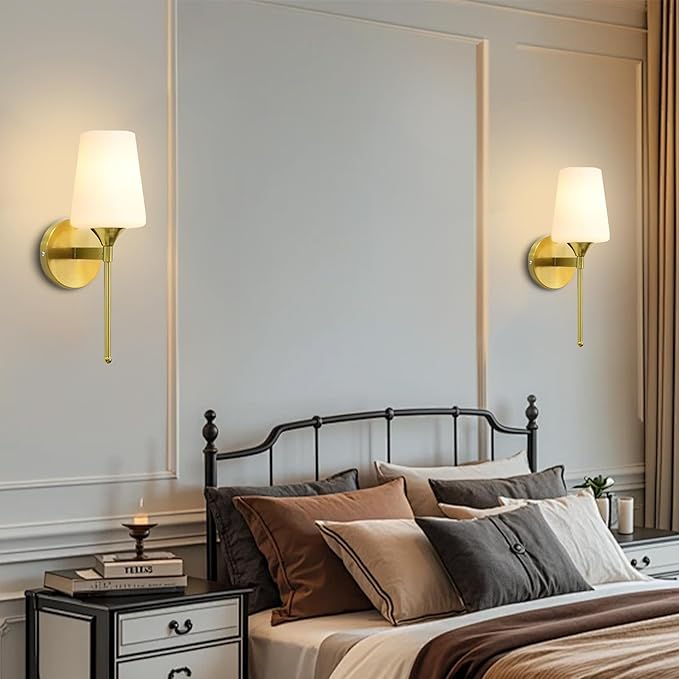 Wall Sconce Set of 2 Brushed Brass Glass Bathroom Vanity Light Fixtures Shade for Bedroom Living Room Hallway (1T 2Pack)