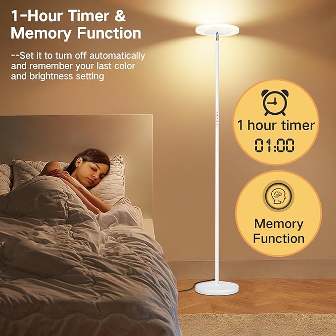 OUTON LED Torchiere Floor Lamp, Super Bright Dimmable Tall Standing Lamp with Remote Touch Control, 4 Color Temperatures, 1-Hour Timer for Living Room, Bedroom, Office (Matte White)