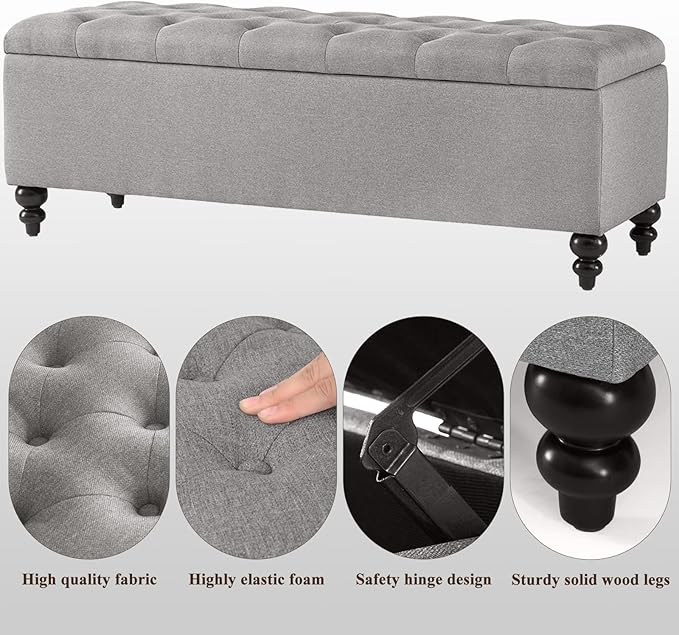 Storage Ottoman 50.2 Inches Upholstered Fabric Bench，Button Tufted for Living Room，Bedroom End of Bed Bench Withstands 303lbs (Grey)