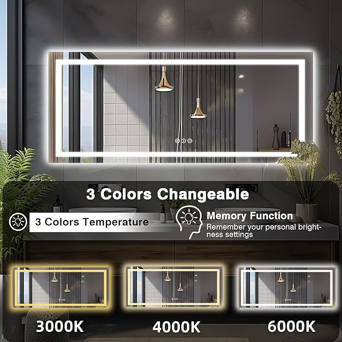 96"x36" Large LED Bathroom Mirror with Lights (Front and Backlit), Anti-Fog Lighted Mirror for Wall, Stepless Dimmable Lighted Mirror, 3 Colors Smart Mirror (Horizontal/Vertical)