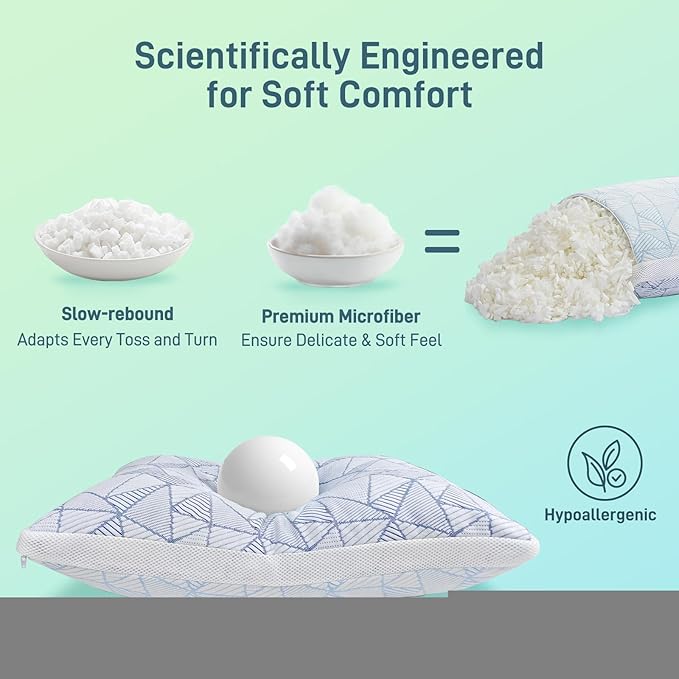 Shredded Memory Foam Cooling Soft Bamboo Viscose Pillow Queen Size, Adjustable Hypoallergenic Hotel Quality Bed Pillow for Side, Stomach or Back Sleeper, Oeko-TEX Certified