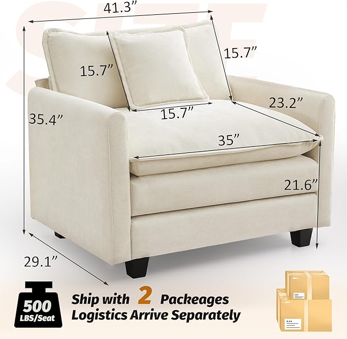 41'' Modern Chenille Oversized Chair, Upholstered Accent Living Room Chair with Extra Thicked Deep Seat, Single Lounge Chair for Bedroom, Small Apartment, Beige
