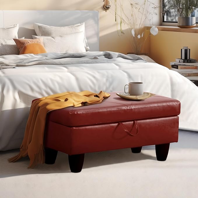 Ottoman Rectangular Storage Ottoman Bench, Faux Leather Footrest, Coffee Table, Stool Footstool with Hinged Lid for Living Room, Bedroom, Entryway, Red, 28.5"x19"x17.5"