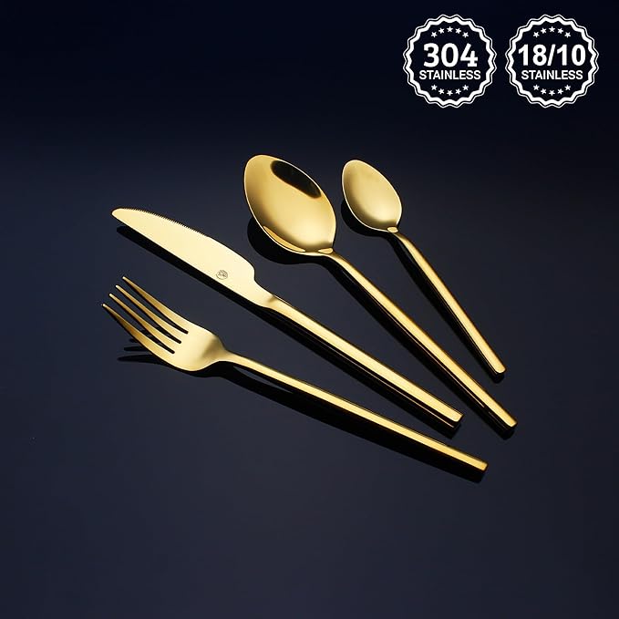 24 Piece Silverware Set For 6 Gold Heavy duty 18/10 Stainless Steel Flatware Set Modern Design Knife/Fork/Spoon Mirror Polished Dishwasher Safe Cutlery Set with Gifts