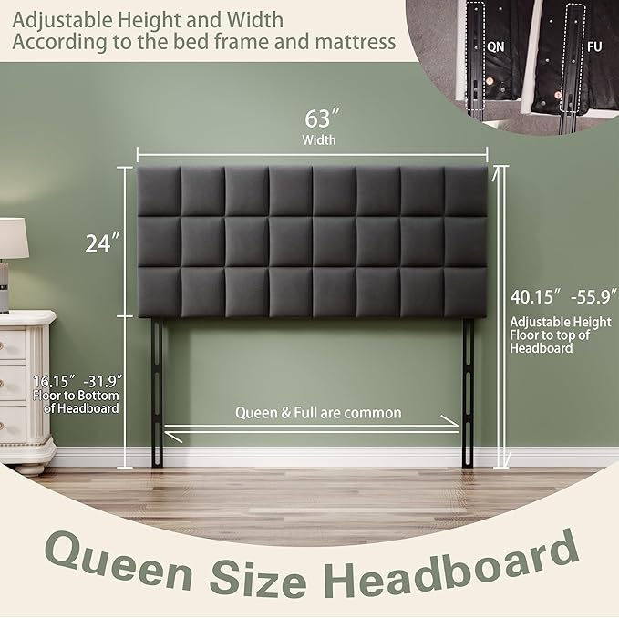 Andeworld Velvet Upholstered Tufted Queen Size Headboard,Wood Head Board with Metal Legs, Adjustable Height from 42” to 56”, Bed Headboard in Modern Design,Backboard for Bed, Dark Gray