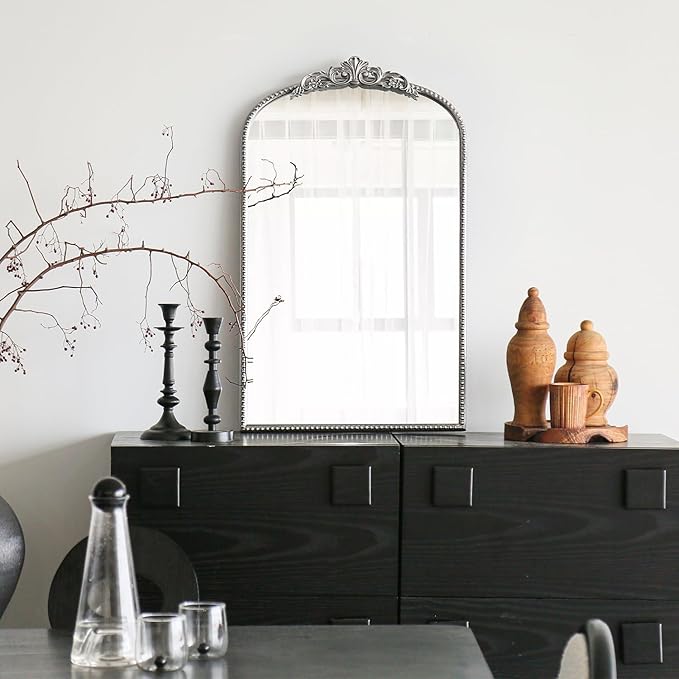 Micasso Arched Mirror, Traditional Vintage Ornate Mirror, 31" x 19" Antique Baroque Silver Wall Mirror for Bathroom Bedroom Living Room