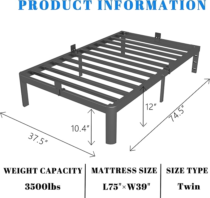 Black 12 Inch Twin Bed Frames with Gaskets, Metal Twin Size Bed Frame No Box Spring Need, Heavy Duty Steel Platform Support, Round Corner Desgin, Reserved Holes, Storage Space, Noiseless