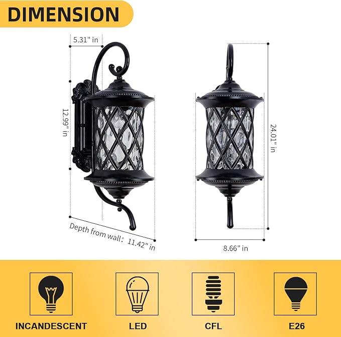 Retro Large Outdoor Wall Lanterns 24" Exterior Light Fixtures Coach Light Waterproof Aluminium with Water Glass Outside Wall Lamps for House Front Door Garage Porch Lighting, Black