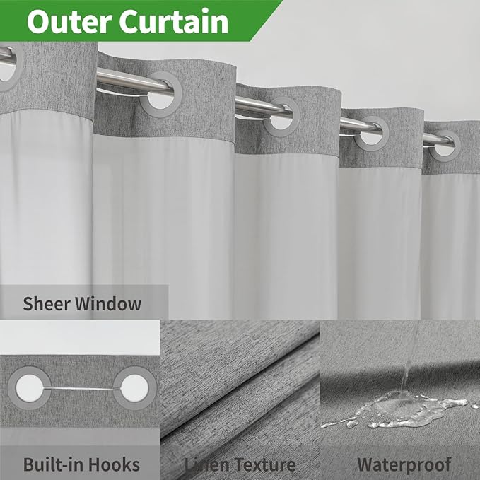 Long No Hooks Needed Linen Textured Shower Curtain with Snap-in Fabric Liner Set,Grey Hotel Luxury Decor Shower Curtains for Bathroom,Waterproof & Washable,71Wx80H