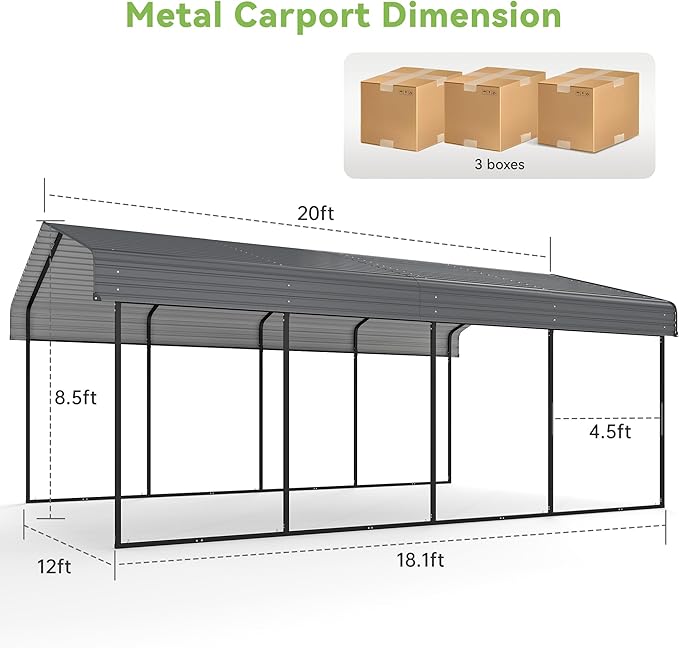 Real Relax 12x20FT Heavy Duty Metal Carport, Outdoor Carport Canopy with Galvanized Steel Roof and Reinforced Base for All-Weather, Garage Shelter Shade for Trucks, Boats, Party, Gray