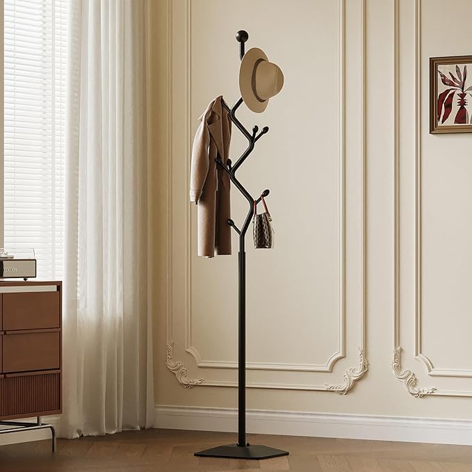 Tree-shaped coat rack,Coat Tree Freestanding with 8 Hooks and Sturdy Metal Base for Coat Hats Purses,Coat Stand for Entryway,Bedroom(black)