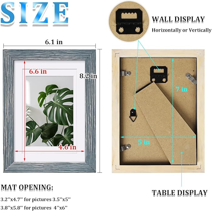 Egofine 5x7 Picture Frame Made of Solid Wood,Covered by Plexiglass Display Pictures 3.5x5/4x6 with Mat or 5x7 Without Mat for Table Top Display and Wall Mounting Photo Frame, Rustic Blue