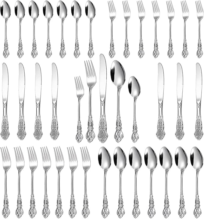 40-Piece Stainless Steel Flatware Set, Silver Silverware Set Service for 8, Cutlery Utensils Set