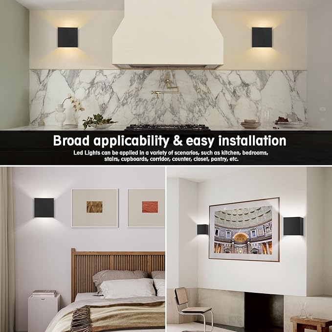 HEQIQEH Modern Style Battery Operated Wall Sconces, LED Cube Indoor Up and Down Wall Lamp with Remote Control, Dimmable Cordless Wall Lighting Fixtures for Living Room,Bedside (Black - 2 Pack)