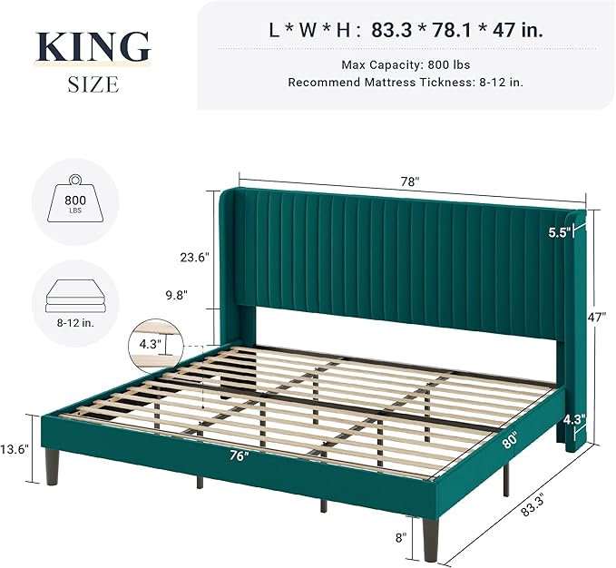 Allewie King Size Bed Frame/Velvet Upholstered Platform Bed/Vertical Channel Tufted Wingback Headboard/Strong Wooden Slats/No Box Spring Needed/Easy Assembly/Teal