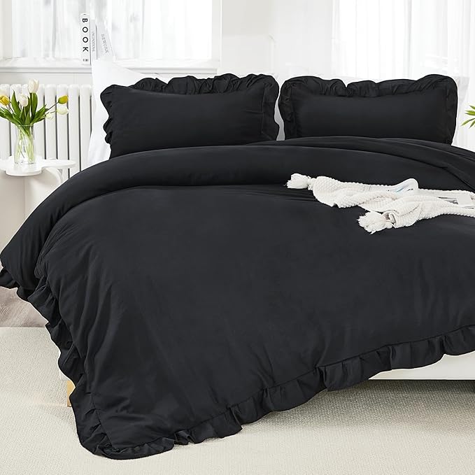 Litanika Black King Size Comforter Set, 3 Pieces Ruffle Farmhouse Aesthetic Bedding Comforter Set, All Season Soft Lightweight Fluffy Microfiber Bed Set(104x90In Comforter, 2 Pillowcases)