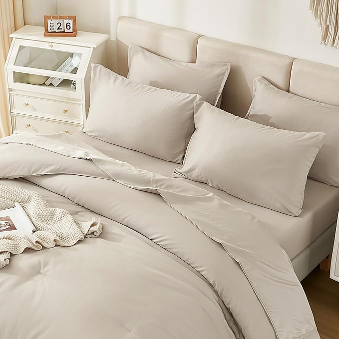 Litanika Comforter California King Size Set Tannish Grey - 7 Pieces Bed in a Bag California King Bedding Comforter Sets, Plain Lightweight Bed Set with Comforter, Sheets, Pillowcases & Shams
