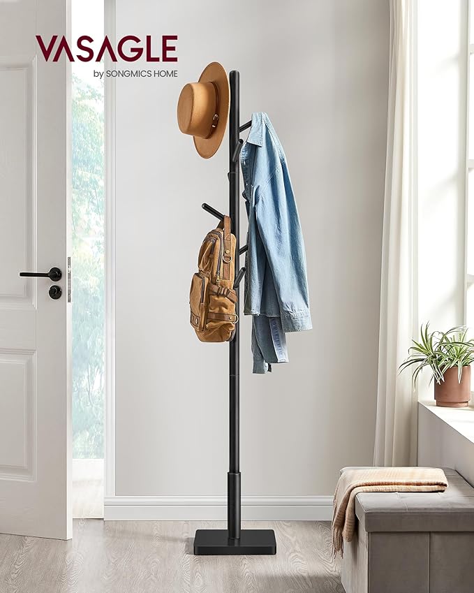 VASAGLE Solid Wood Coat Rack, Free Standing Hall Coat Tree with 8 Hooks, 3 Height Options, for Coats, Hats, Bags, Purses, for Entryway, Hallway, Rubberwood Hooks and Pole, Ink Black URCR010B01