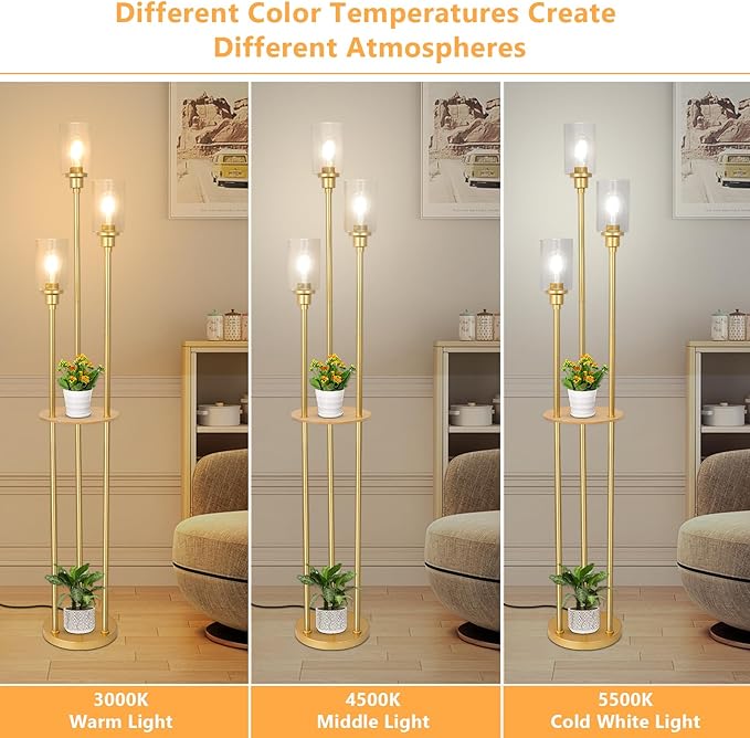 HMVPL Floor Lamps for Living Room, Gold Floor Lamp with Shelves, 3-Lights Modern Brass Standing Lamp with Glass Shades, On/Off Foot Switch, Mid Century Tall Lamp for Bedroom Corner Office(66")