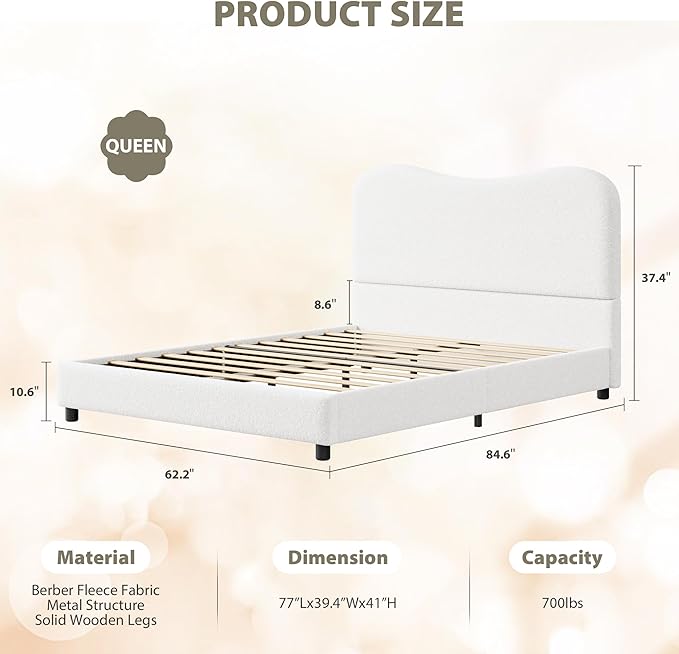 GarveeHome Upholstered Queen Bed Frame with Headboard, Upholstered Velvet Low Profile Platform Bed, No Box Spring Needed, Strong Wooden Slats, Noise Free, Easy Assembly, White