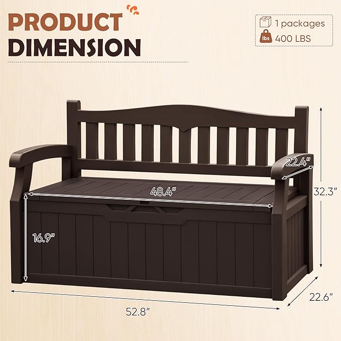 JUMMICO 80 Gallon Resin Outdoor Storage Bench, Large Deck Box with Armrest, Lockable & Waterproof for Garden, Home, Patio, Pools (Brown)