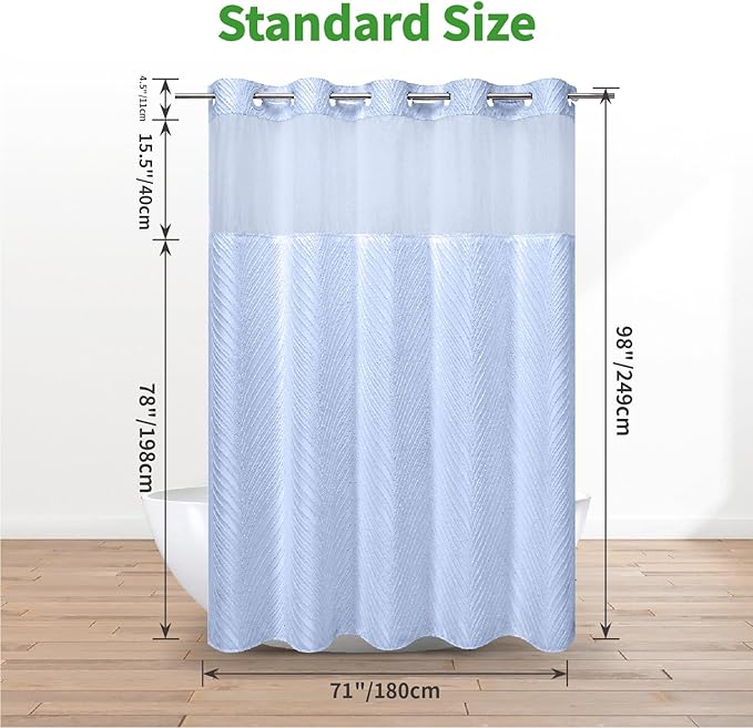 no Hook Shower Curtain and Liner Set，Boho Style with See Through Top Window, Blue Fabric Tufted Striped Textured Outer Curtain & Waterproof Inner Liner, FrostBlue, 71Wx98H