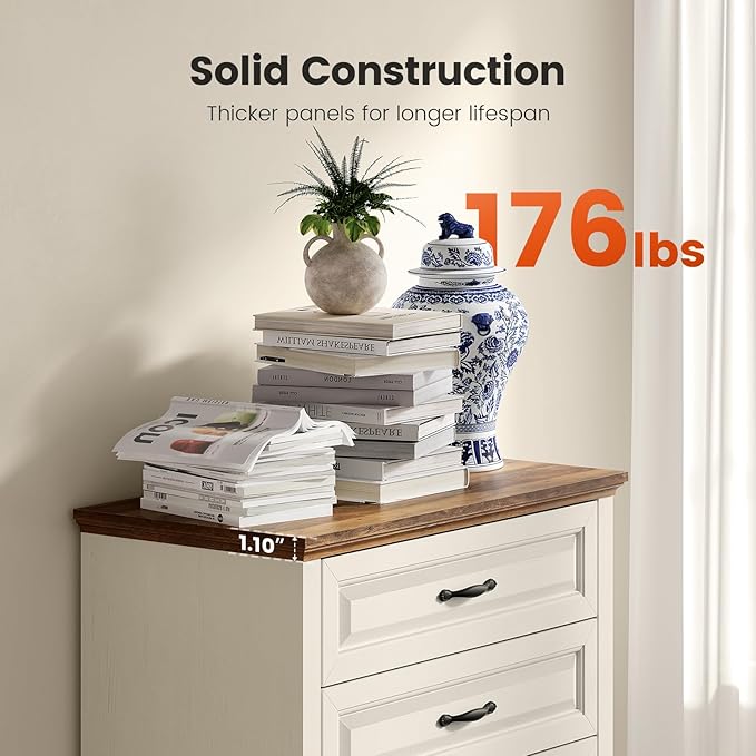 Amada 5 Drawer Dresser for Bedroom with Wood Drawers, Supports up to 22 lbs per Drawer, Anti-Tip Design for Safety, 5 Farmhouse Dresser Drawer Unit for Bedroom, Hallway, Brown and White