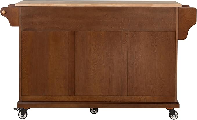 Rolling Solid Wood Kitchen Island with Rubberwood Top, 3 Drawers, 2 Cabinets, Adjustable Shelves, Spice Rack & Locking Wheels – Farmhouse Mahogany Painted Finish