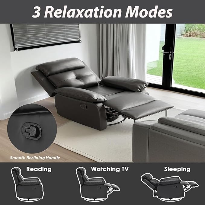 Swivel Rocker Recliner with 360 Degree Swivel, Small Recliners with 30 Degree, 90-150 Degree Angle, Faux Leather Lift Chair for Home Theater Seating, Adults, Living Room, Bedroom, Black