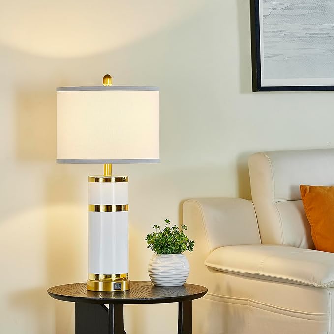 Ceramic Gold-Plated Decorative 28" Table Lamps Set of 2 with E26 Socket&Rotary Switch,USB A+C Ports,Modern Bedside Lamps for Nightstand,Bedroom,Living Room,Decoration,Office(Bulbs Included)