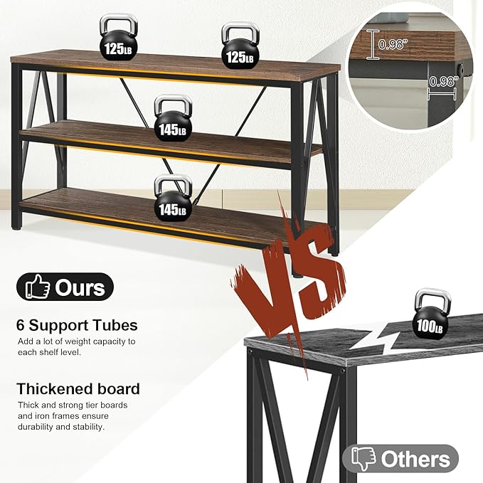 HOMISSUE Entryway Console Table, Rustic Couch with Wide Storage, Industrial Sofa Tables with 3-Tier Open Shelves, Entryway Table for Living Room, Hallway, Brown, 55 Inch