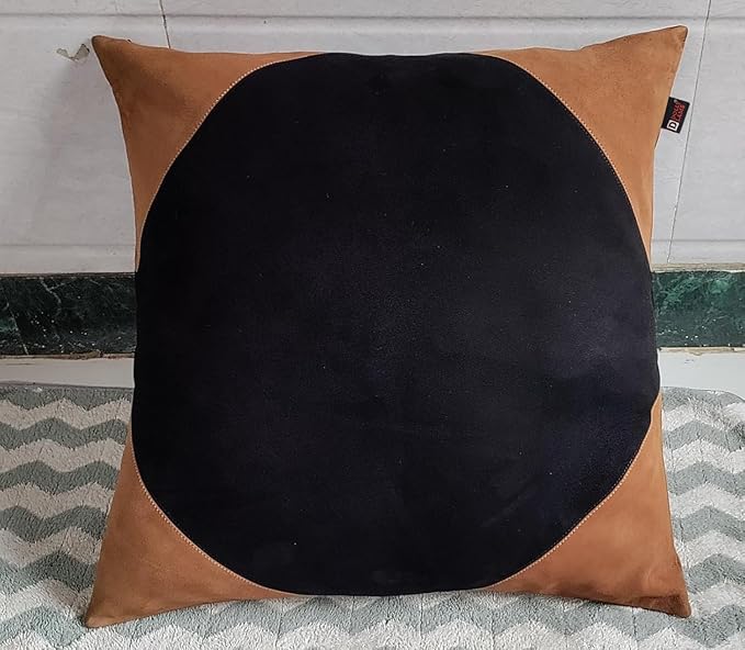 D DOLLY LAMB Lambskin Suede Leather Pillow Cover - Sofa Cushion Case - Decorative Throw Covers for Living Room & Bedroom, 16x16 Inches - Tan and Black (01) Pack of 2