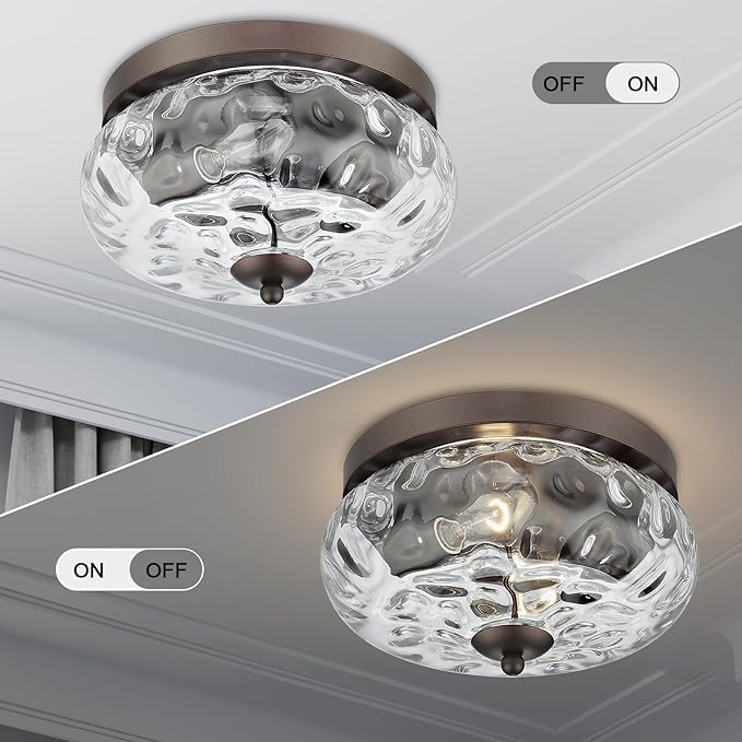 Darkaway Ceiling Light Fixtures Flush Mount Indoor Outdoor Ceiling Light with Water Ripple Glass Shade for Hallway Kitchen Bedroom Porch Living Room Bronze Finish