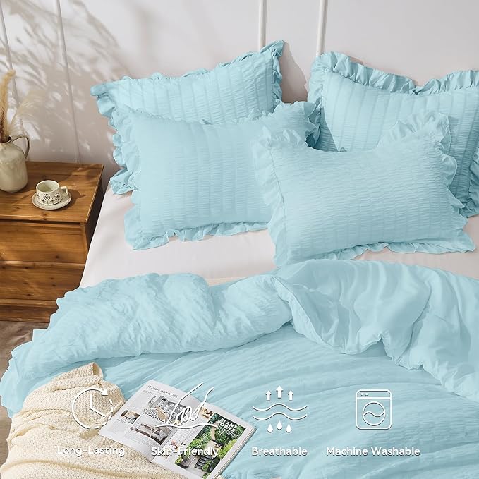 JOLLYVOGUE Light Blue King Comforter Set, 3 Pieces Seersucker Comforters King Size, Lightweight & Fluffy Bedding Sets for All Season with 1 Ruffle Comforter and 2 Ruffle Pillowshams