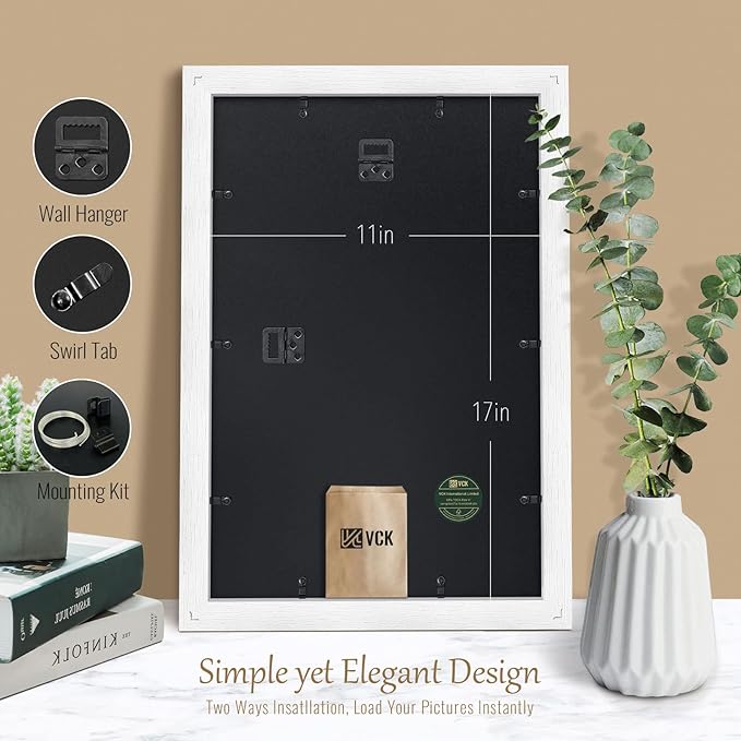 VCK 11x17 Poster Frame Set of 2 - White, Textured Exclusive Solid Wood Picture Frames, Wall Gallery Frame