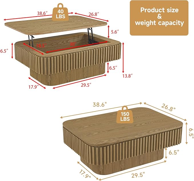 Lift Top Coffee Table for Living Room,Rectangle Handmade Solid Wood Strips, Fluted Coffee Table with Hidden Storage Compartment Small Space Office Apartment (38.6" L×26.8''W×13.8''H-Natural)