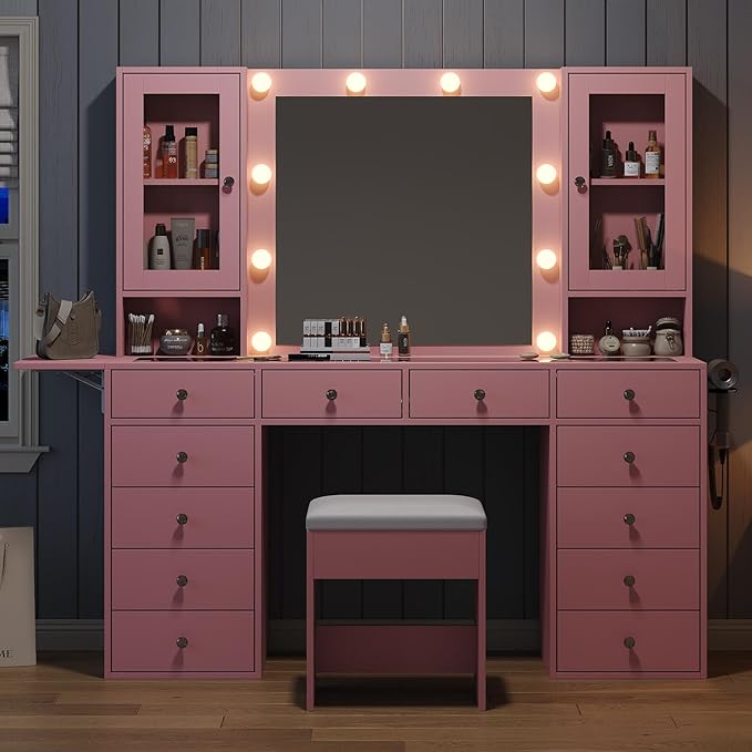Vanity with Mirror and 10 LED Lights,Vanity Desk with Power Outlet, Makeup Vanity with 12 Drawers and 2 Cabinets, Fold-up Panel, Glass Top Vanity Table with Chair for Bedroom, Pink
