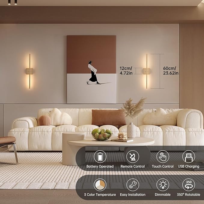 Battery Operated Wall Sconce Set of 2, 8000mAh Rechargeable Wall Sconces, 3000K-6000K Dimmable, 350°Rotate, Indoor Wall Lights for Bedroom Living Room, Original Wood, 23.6 Inch