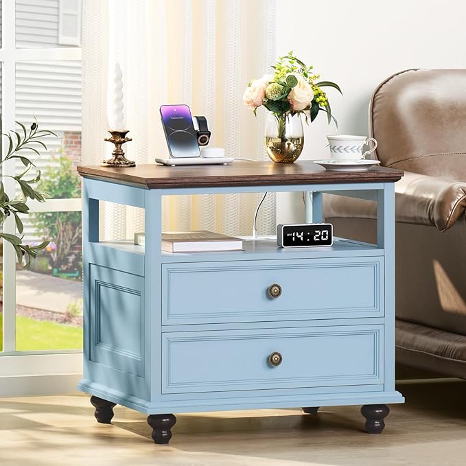 Farmhouse Nightstand with Charging Station, 24" Wide End Table with 2 Drawers, Light Blue Dresser for Bedroom,Wood Bed Side Table Chest of Drawers Cabinet,Night Stand for Living Room,Closet