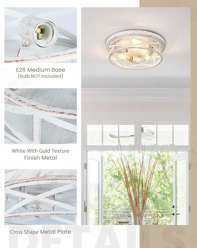 13 inch White and Gold Flush Mount Ceiling Light Fixtures,3-Light Modern Hallway Light Fixtures Ceiling, White and Gold Light Fixture Ceiling Mount for Farmhouse,Kitchen, Bedroom 2 Pack