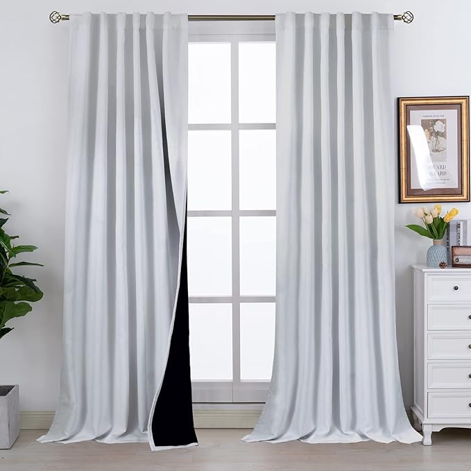 BGment Full Blackout Curtains with Thermal Insulation Liner Curtains 108 Inches Long, Rod Pocket and Back Tab Double Layer Room Darkening Curtains for Bedroom(52 x 108 Inch, 2 Panels, Greyish White)