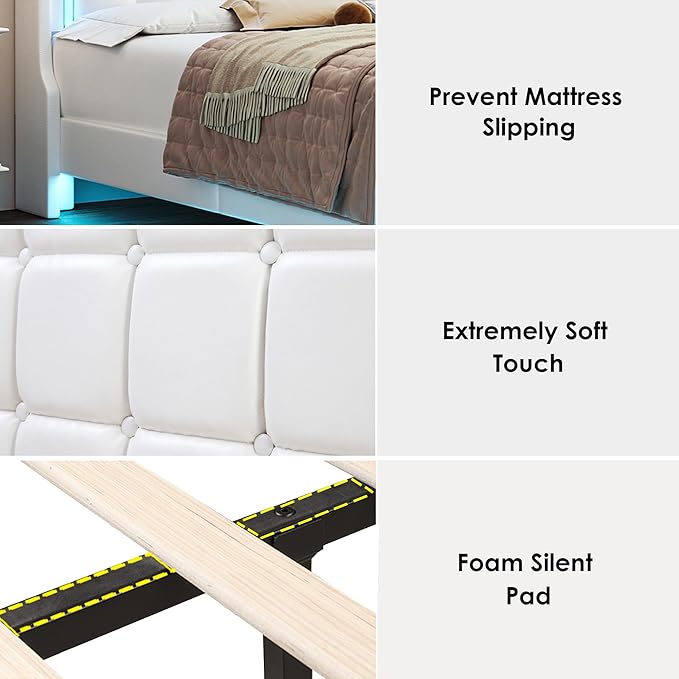 Keyluv Upholstered Full Floating Bed Frame with LED Lights and Charging Station, Pu Leather Platform Bed with Button Tufted Storage Headboard, Type-C & USB Charging Ports, No Box Spring Needed, White