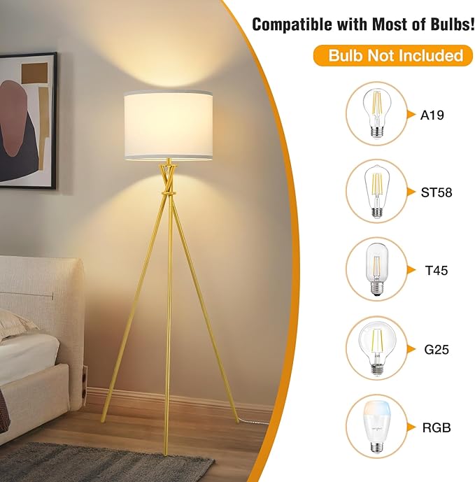 Gold Tripod Floor Lamp, 61”Tall Floor Lamps, Standing Lamp with Rotary Switch, Modern Floor Lamp Simple Design with White Shade, Floor Lamps for Living Room, Bedroom, Office, Without Bulb