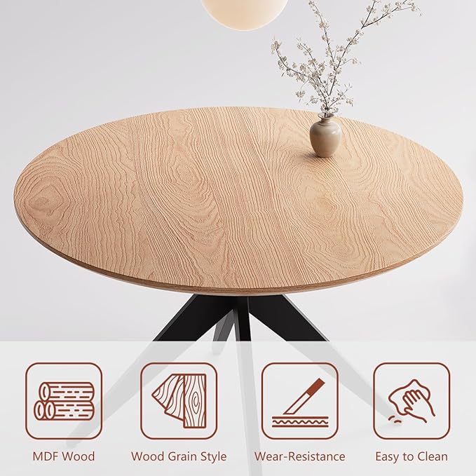 Kidol & Shellder 45.2" Round Dining Table Set for 2-4 People Modern MDF Wooden Dining Room Round Table with X-Shaped Metal Base Kitchen Table（Natural Table+2pcs Beige Chairs）