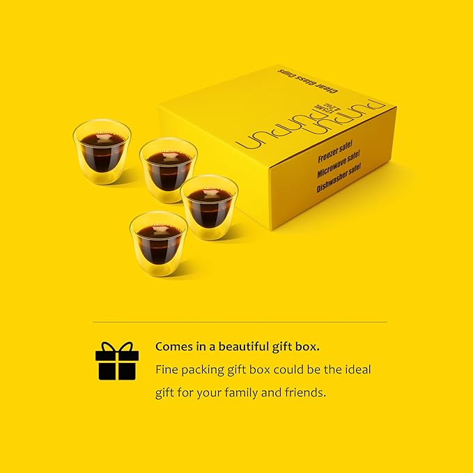 PunPun Espresso Cups, 2.0OZ. 60ml, Double Wall Clear Thermo Glass, Set of 4