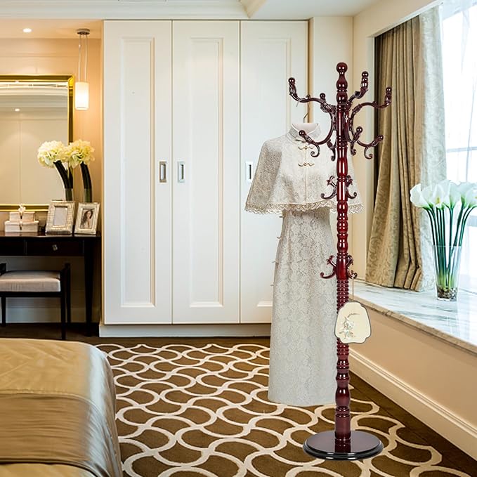 Coat Rack Freestanding, Wooden Tree Coat Rack Stand with 3 Adjustable Sizes Coat Tree and 14 Hooks, Sturdy Hall Tree with Solid Round Base for Entryway, Hallway,Bedroom (Reddish brown)