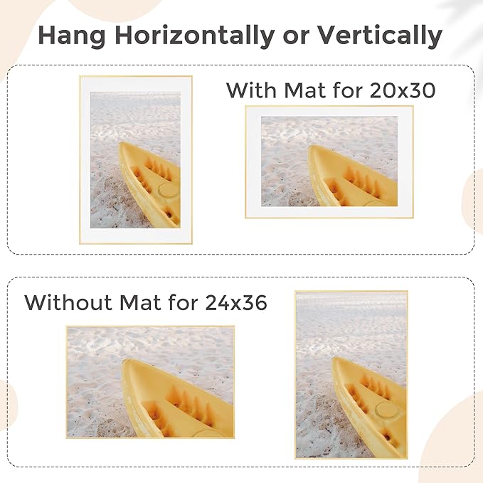 24x36 Metal Picture Frame For Wall With Mat For 20x30, 24''x36'' Aluminum Photo Frames With Tempered Glass For Home Decor, Minimalist Modern Poster Frame Horizontally Vertically Set of 2, Gold