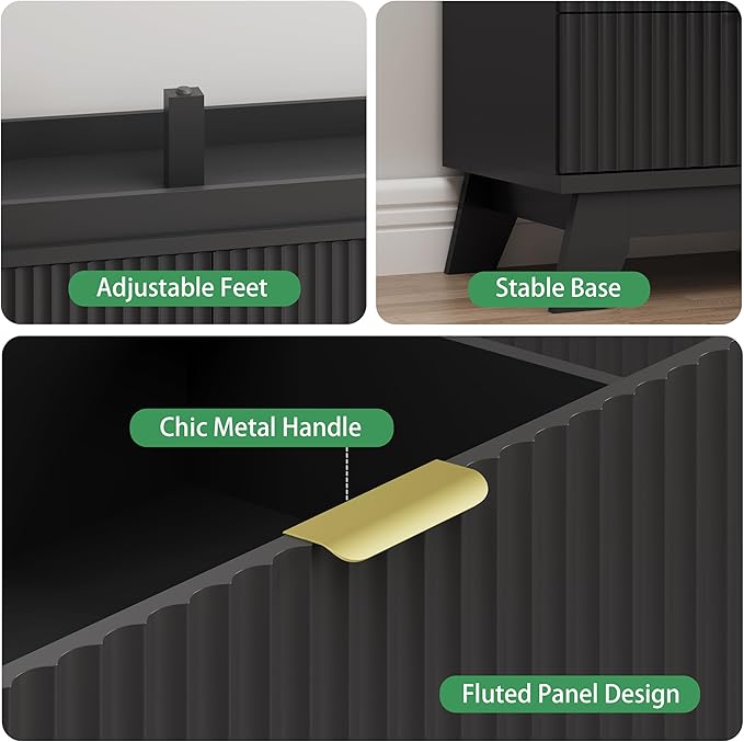 Fluted Dresser for Bedroom with 6 Drawers, 48" Wide Wooden Chest of Drawers with Metal Handle, Modern Dresser TV Stand, Wood Closet Clothes Storage Organizer for Living Room, Hallway, Black