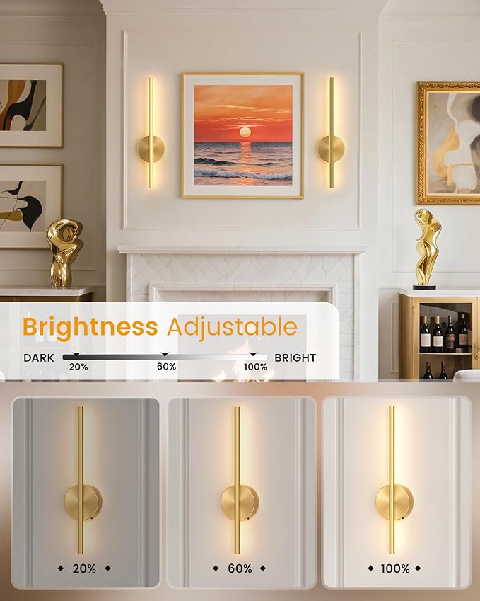 NIORSUN 15.7 Inch Battery Operated Wall Sconce Set of 2, Gold Minimalism Rechargeable Wall Lights with Remote, 3CCT Dimmable Wireless Wall Lamp for Living Room Bedroom Hallway